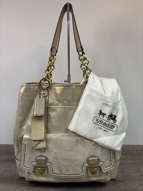 Coach Poppy Metallic Gold Leather Tote Shoulder Bag Push Lock Satchel Carryall